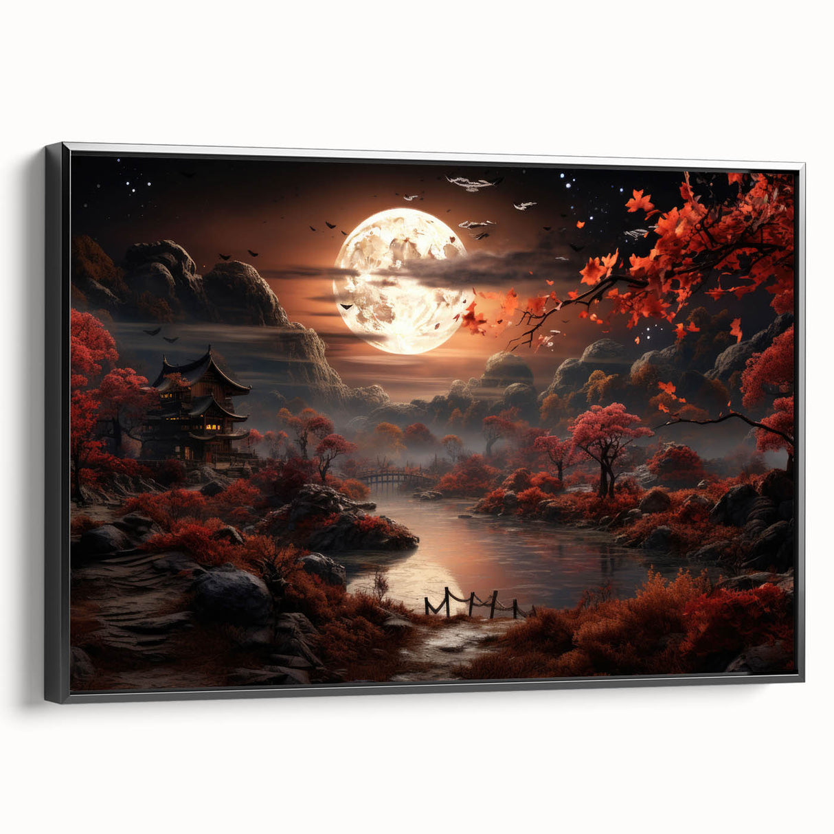 Moonlit Autumn Landscape with Pagoda – Enchanting Celestial Wall Art