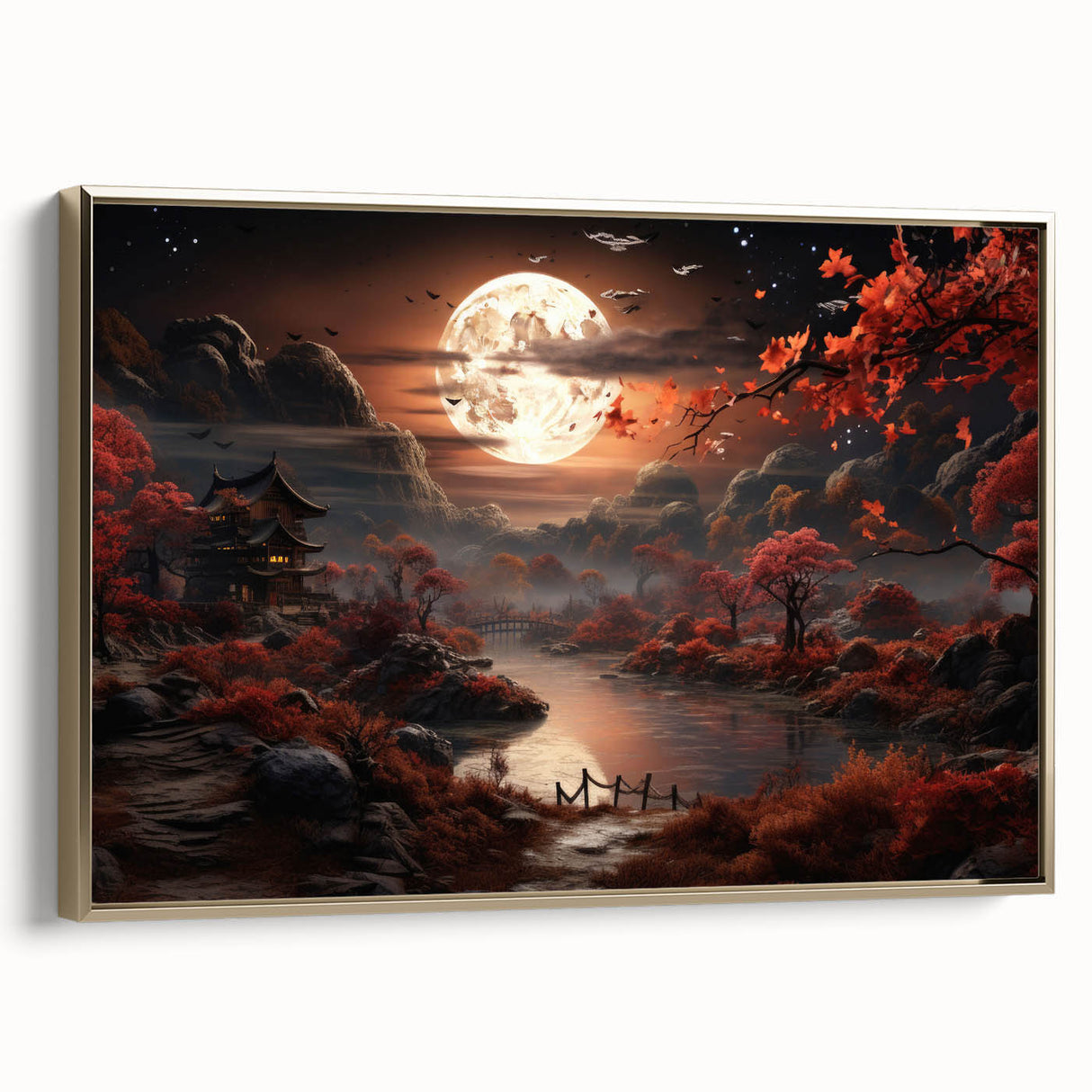 Moonlit Autumn Landscape with Pagoda – Enchanting Celestial Wall Art