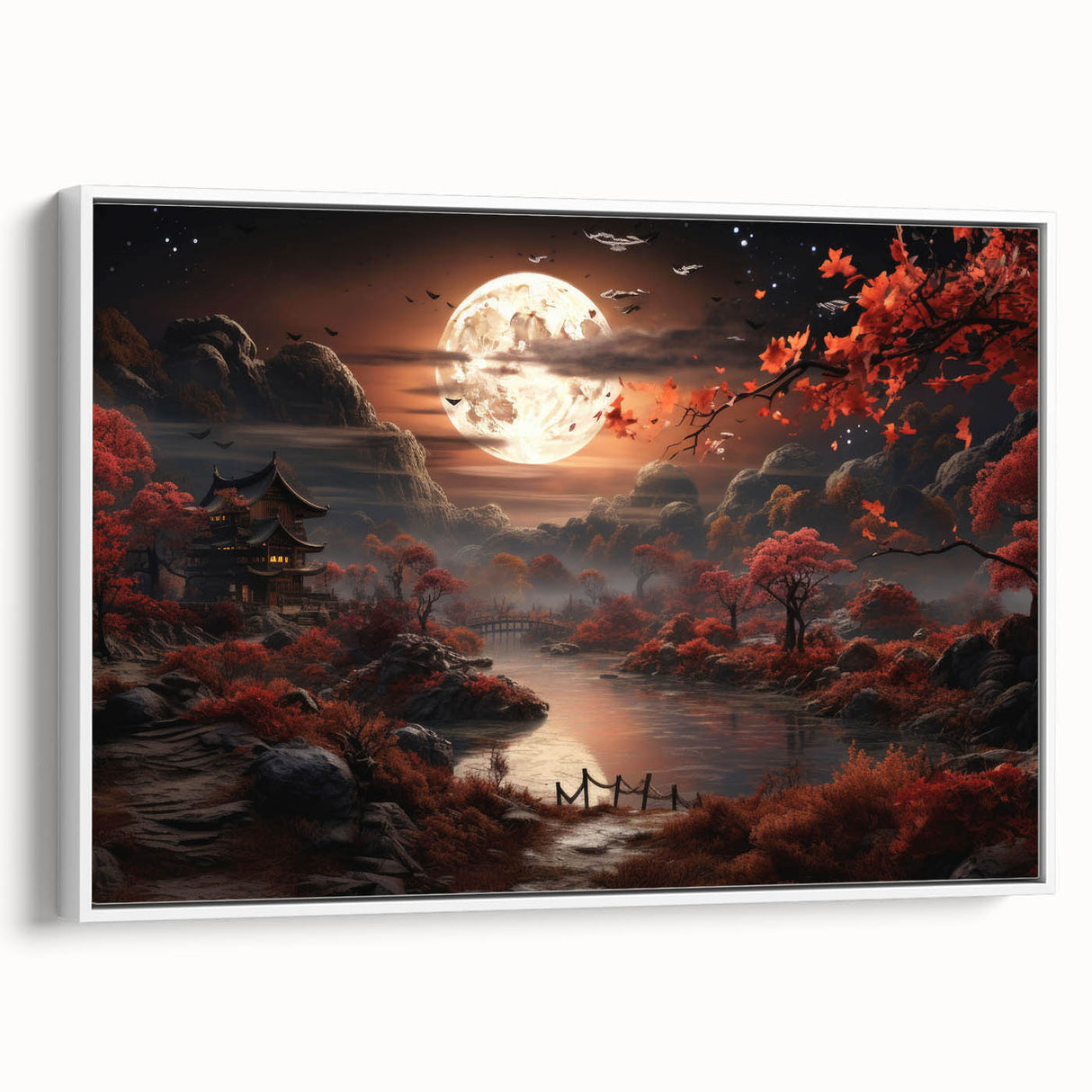 Moonlit Autumn Landscape with Pagoda – Enchanting Celestial Wall Art