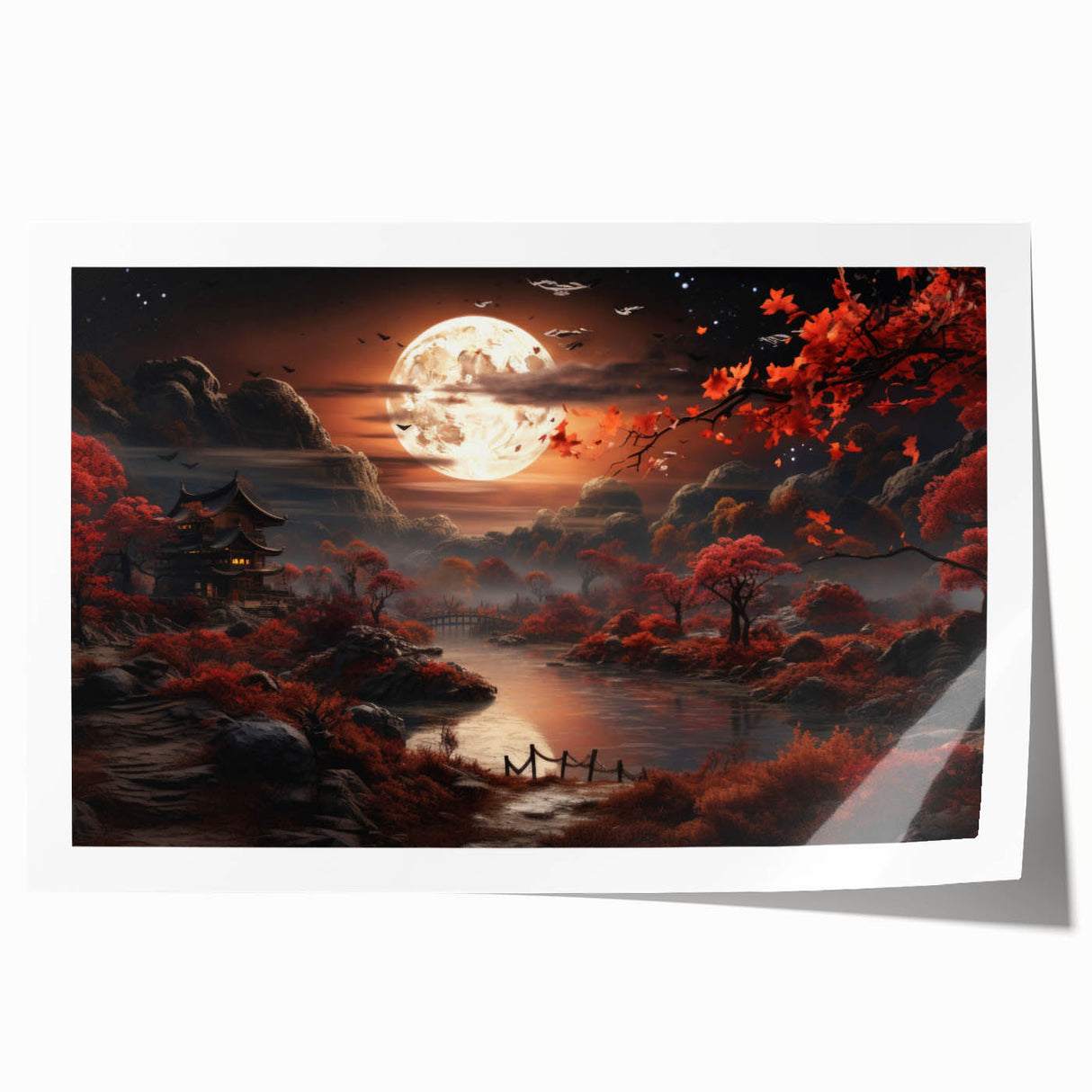 Moonlit Autumn Landscape with Pagoda – Enchanting Celestial Wall Art