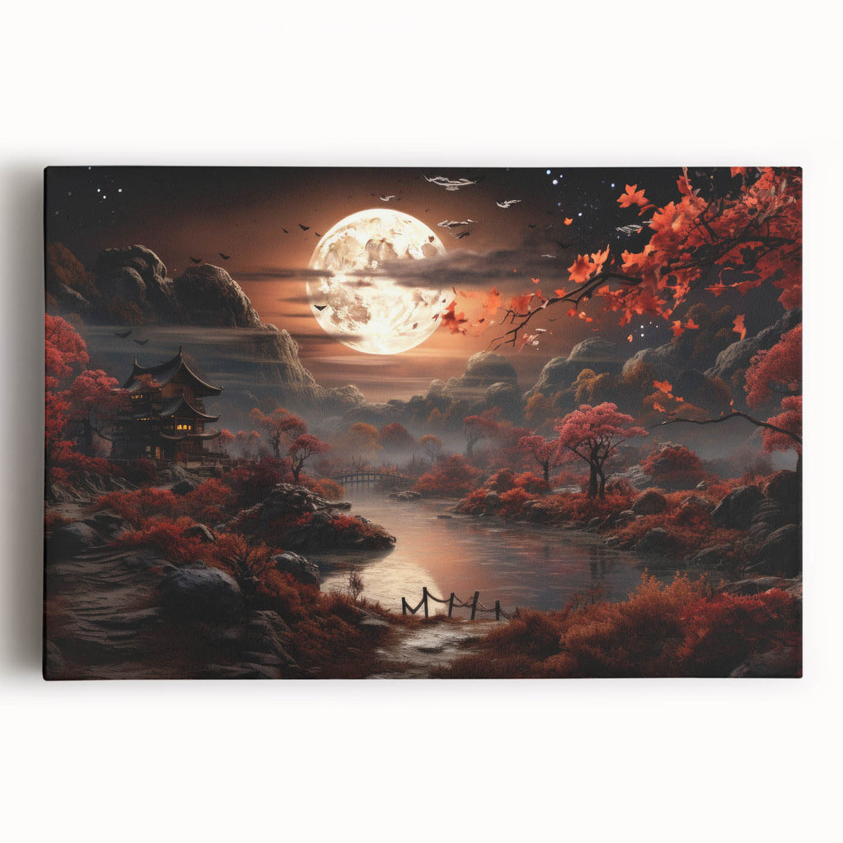 Moonlit Autumn Landscape with Pagoda – Enchanting Celestial Wall Art