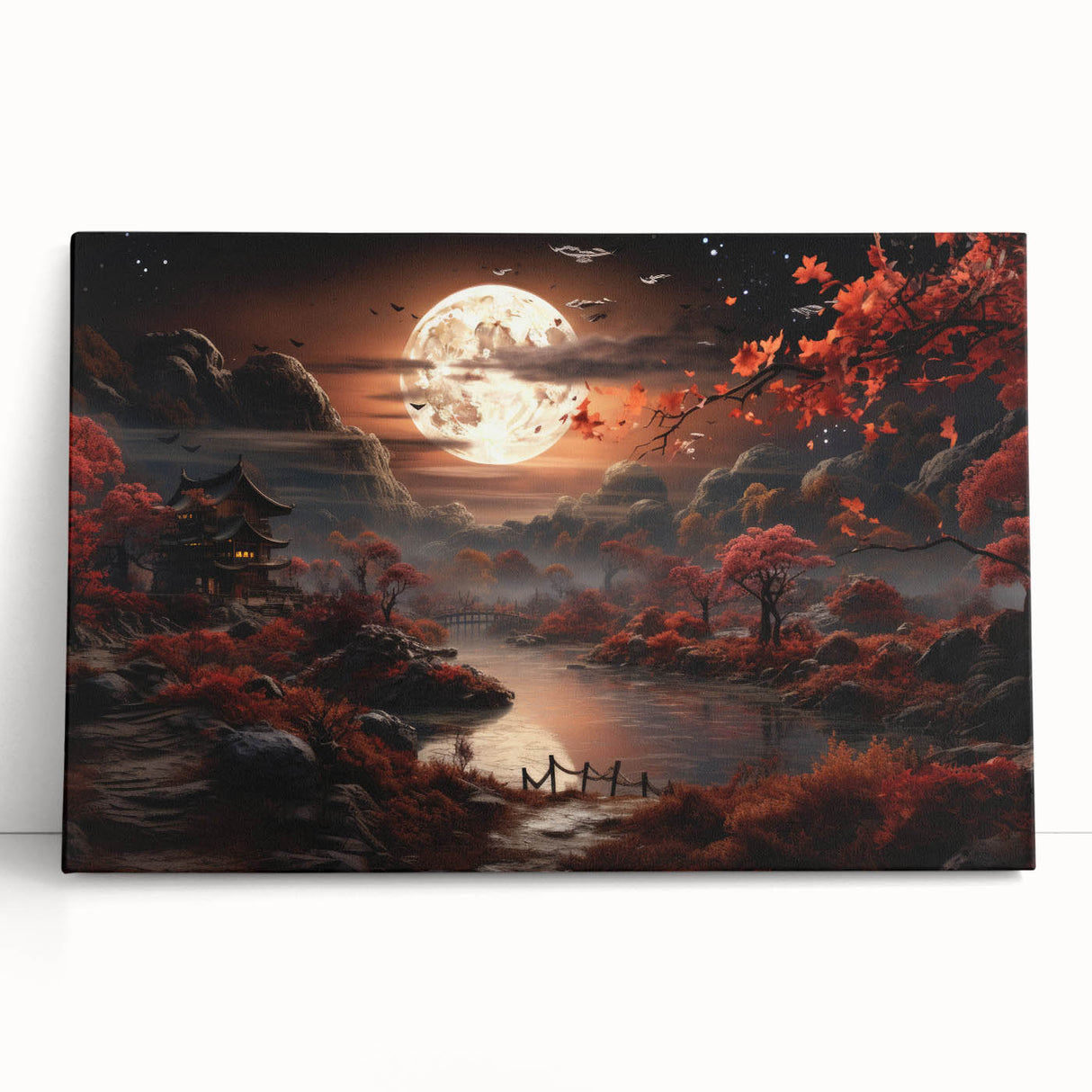 Moonlit Autumn Landscape with Pagoda – Enchanting Celestial Wall Art