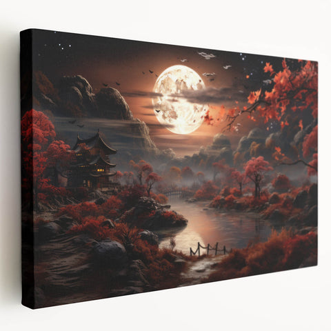 Moonlit Autumn Landscape with Pagoda – Enchanting Celestial Wall Art