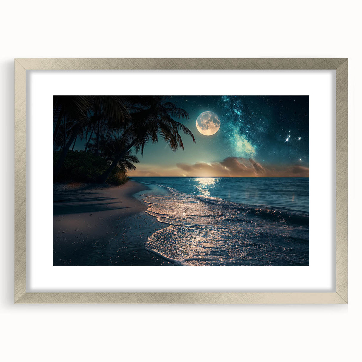 Moonlit Beach with Starry Sky – Tranquil Celestial Wall Art Decor