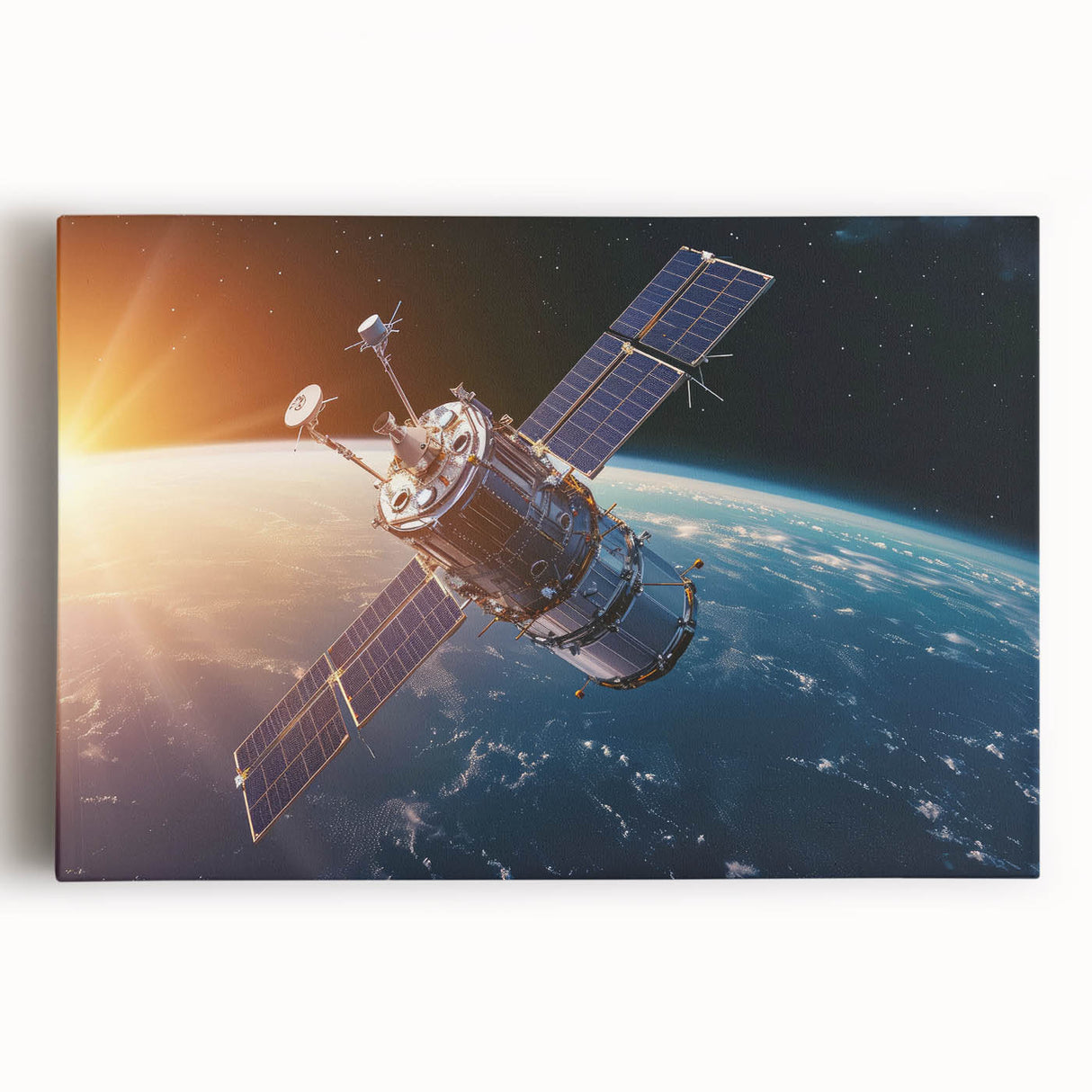 Satellite Orbiting at Sunrise - Cosmic Wall Art for Space Enthusiasts