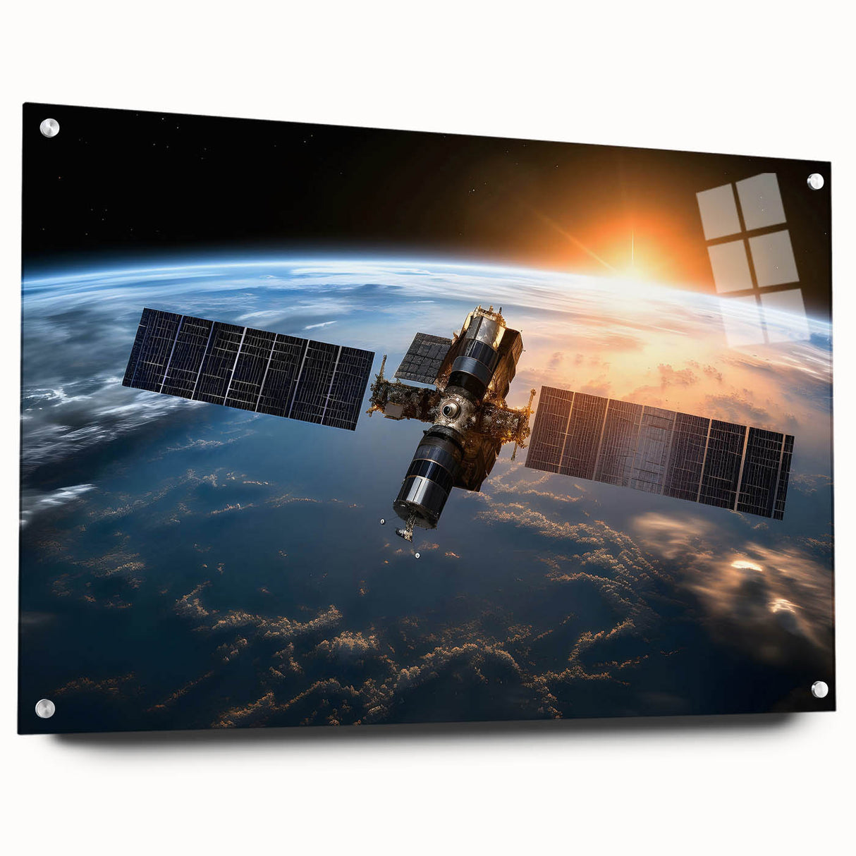 Satellite Over Earth at Sunrise - Stunning Cosmic Space Wall Art
