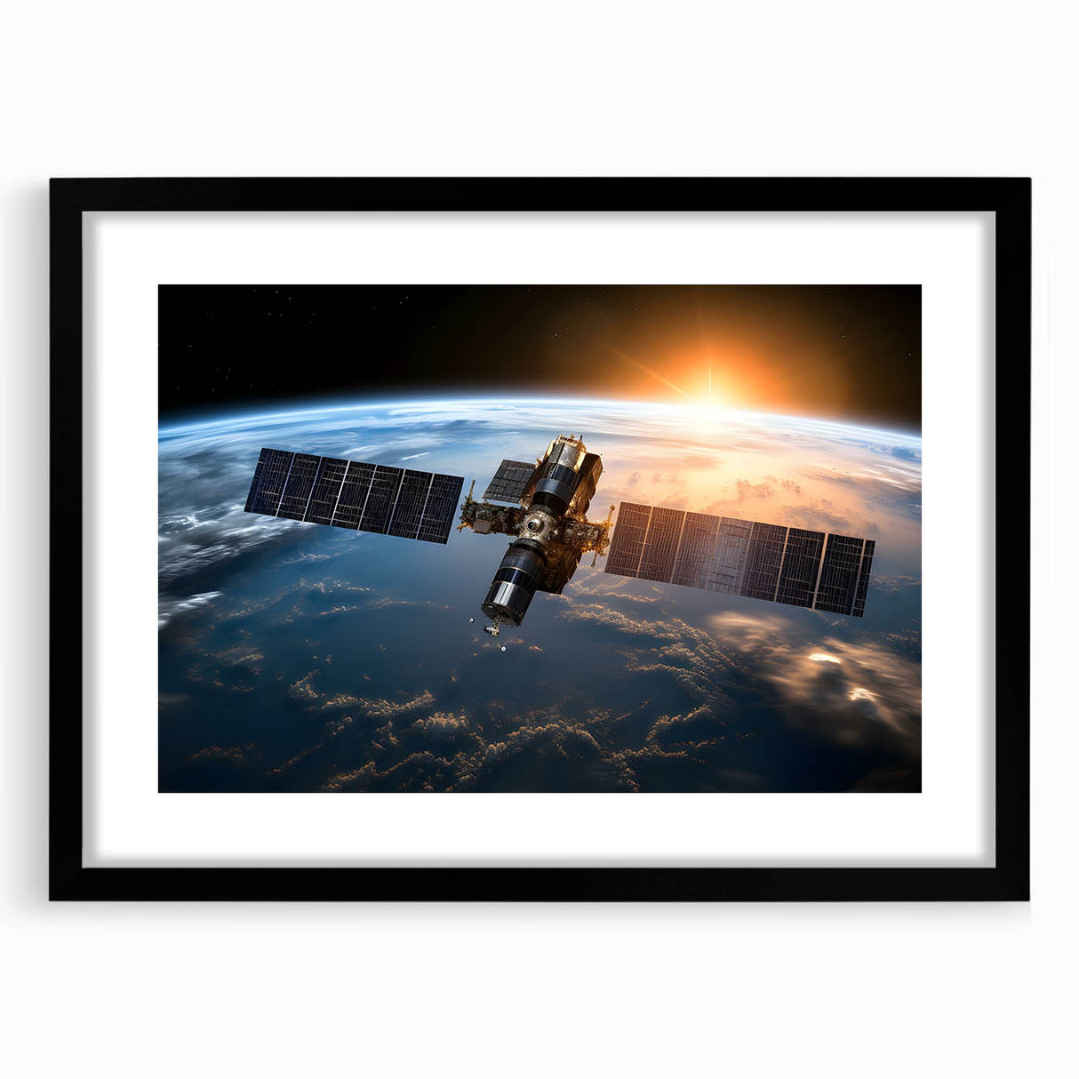 Satellite Over Earth at Sunrise - Stunning Cosmic Space Wall Art