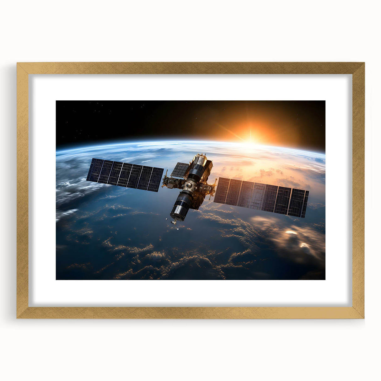 Satellite Over Earth at Sunrise - Stunning Cosmic Space Wall Art