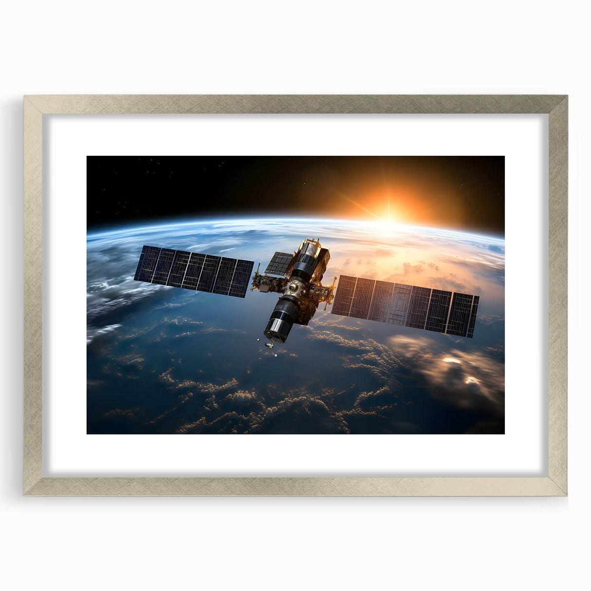 Satellite Over Earth at Sunrise - Stunning Cosmic Space Wall Art
