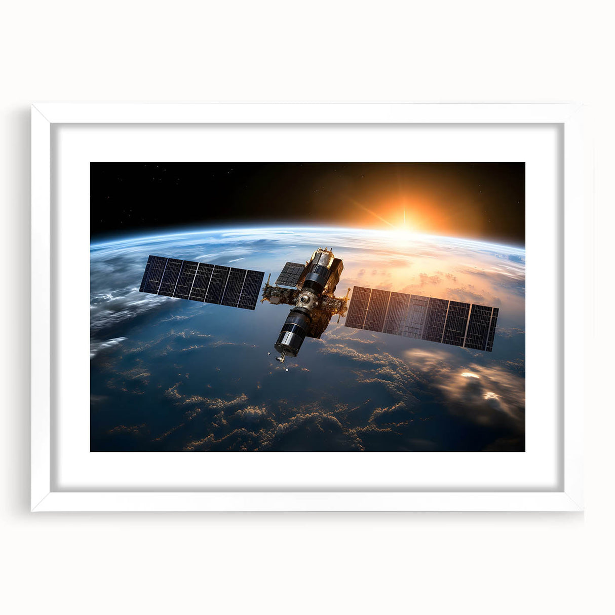 Satellite Over Earth at Sunrise - Stunning Cosmic Space Wall Art