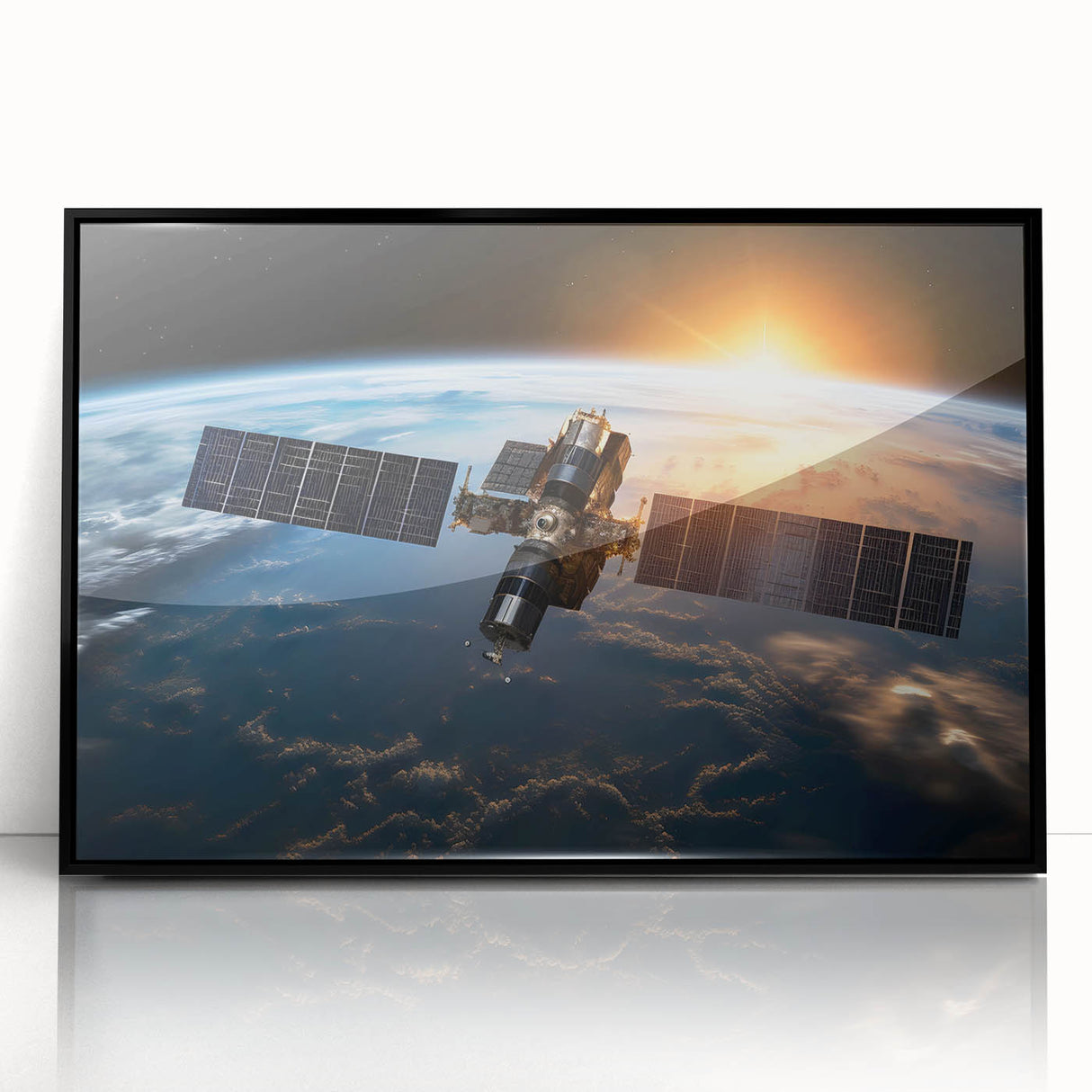 Satellite Over Earth at Sunrise - Stunning Cosmic Space Wall Art