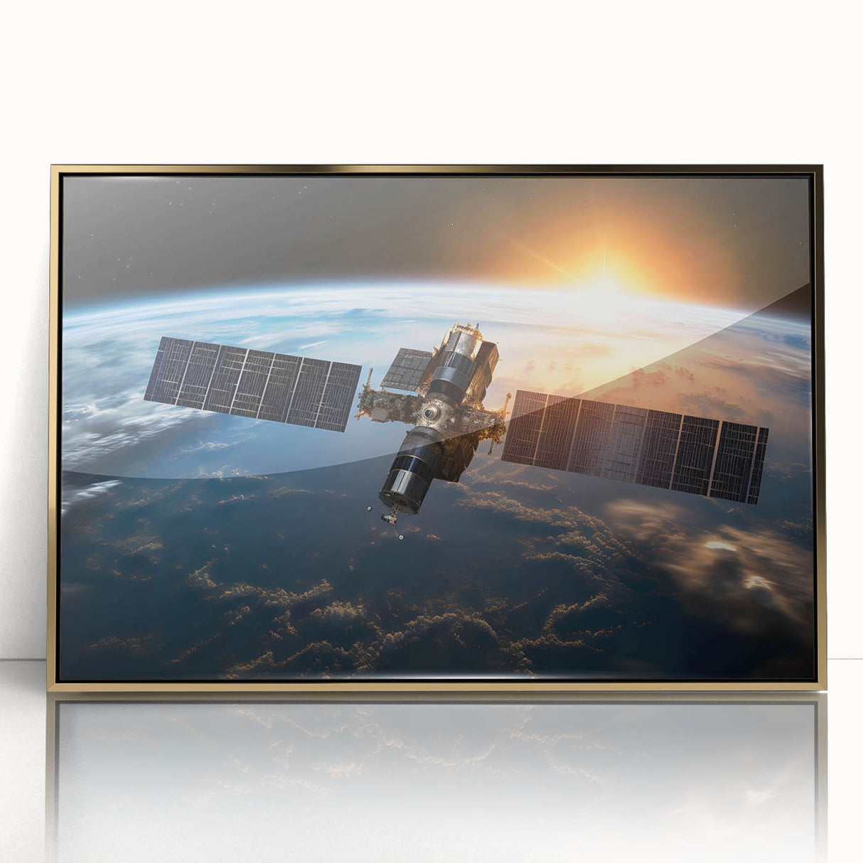 Satellite Over Earth at Sunrise - Stunning Cosmic Space Wall Art