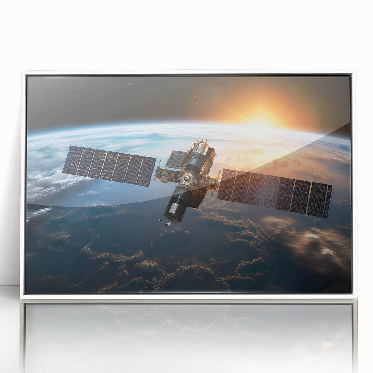 Satellite Over Earth at Sunrise - Stunning Cosmic Space Wall Art