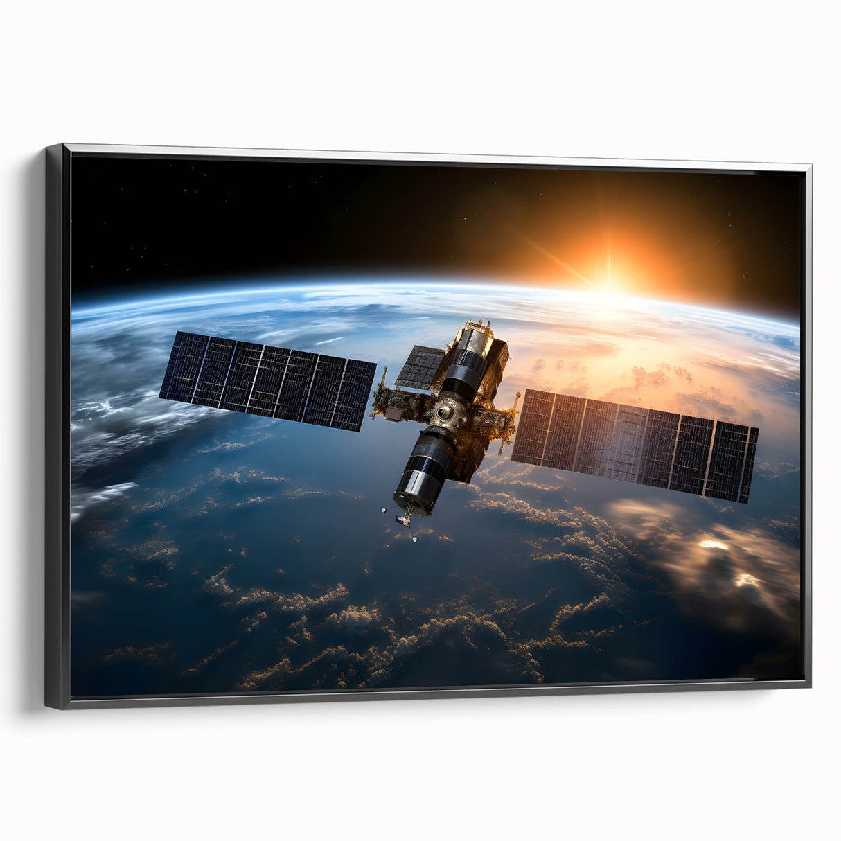 Satellite Over Earth at Sunrise - Stunning Cosmic Space Wall Art