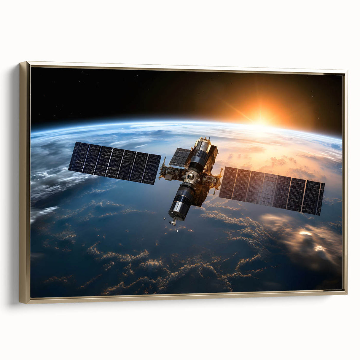 Satellite Over Earth at Sunrise - Stunning Cosmic Space Wall Art