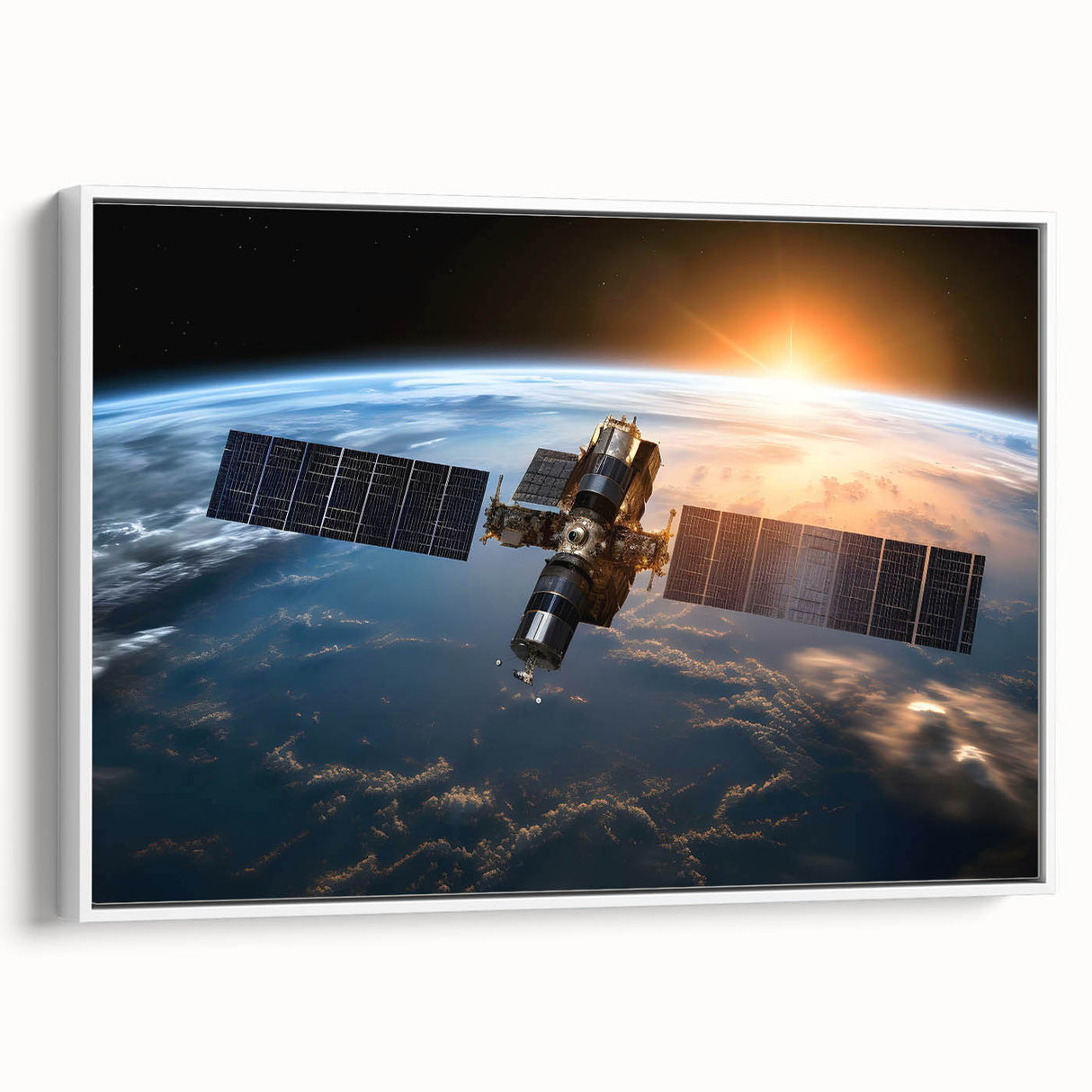 Satellite Over Earth at Sunrise - Stunning Cosmic Space Wall Art