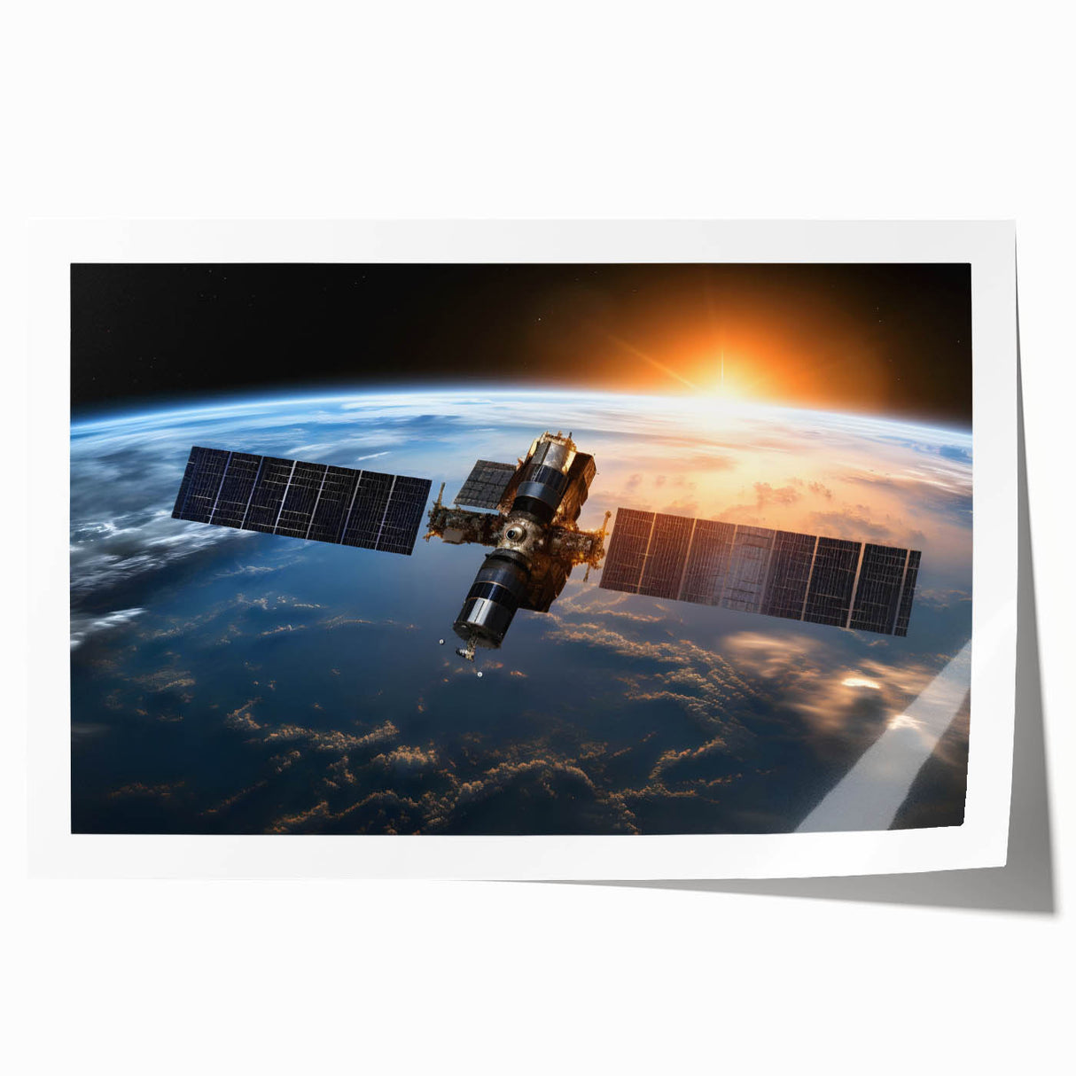 Satellite Over Earth at Sunrise - Stunning Cosmic Space Wall Art