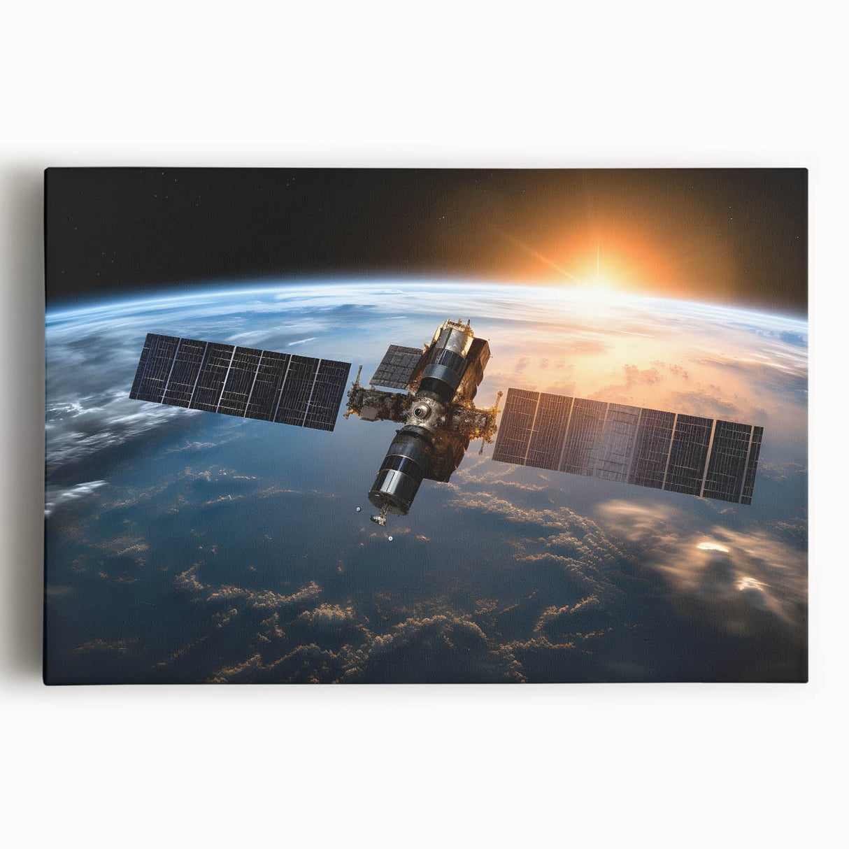 Satellite Over Earth at Sunrise - Stunning Cosmic Space Wall Art