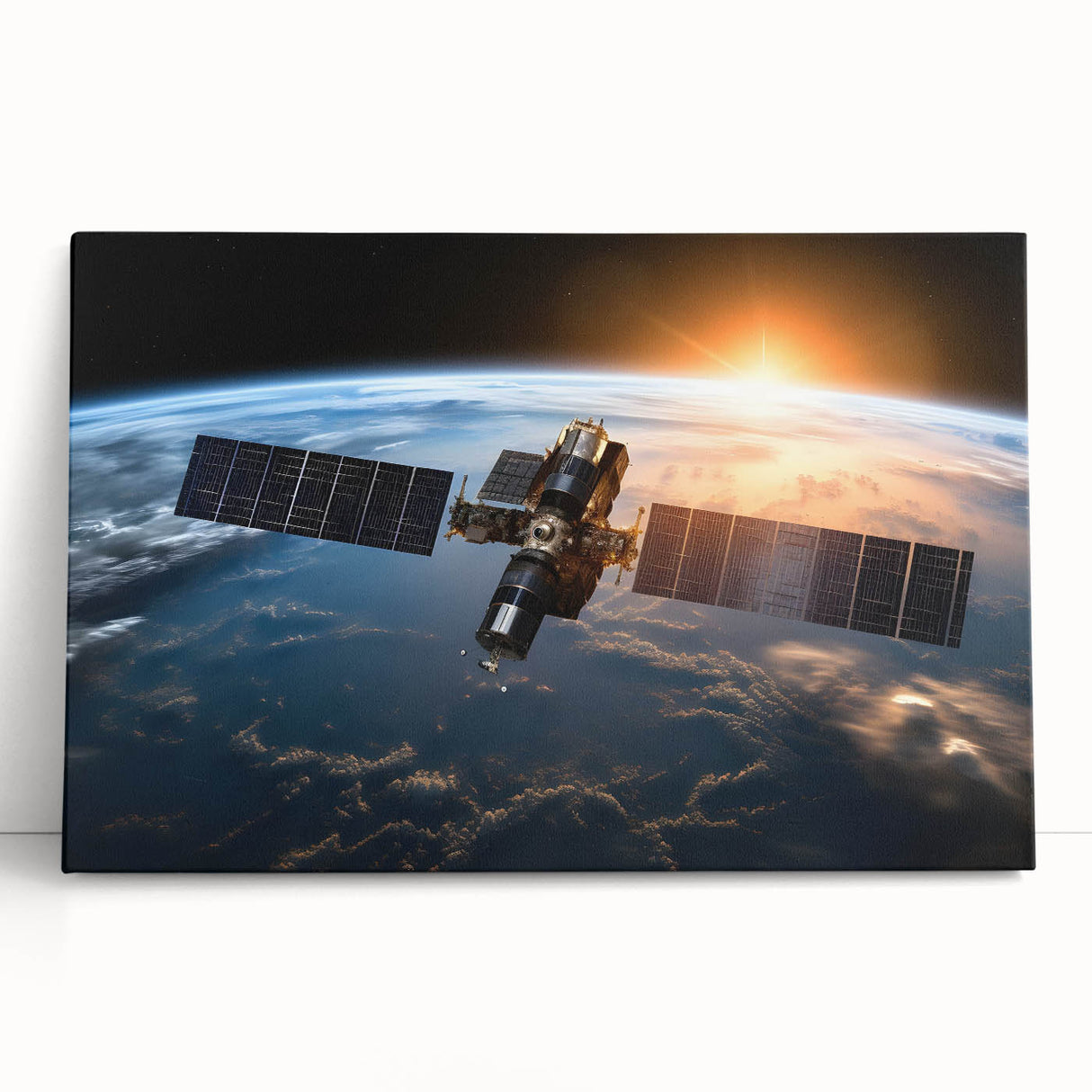 Satellite Over Earth at Sunrise - Stunning Cosmic Space Wall Art