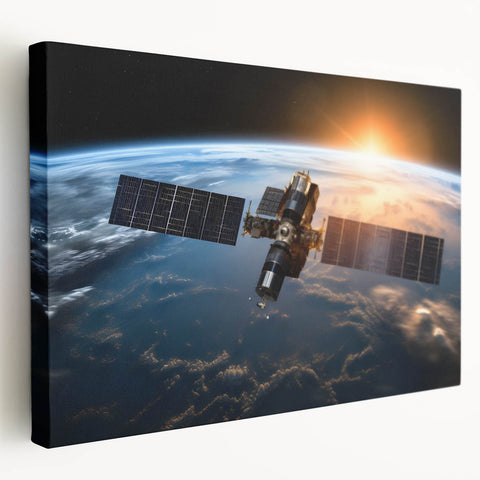 Satellite Over Earth at Sunrise - Stunning Cosmic Space Wall Art
