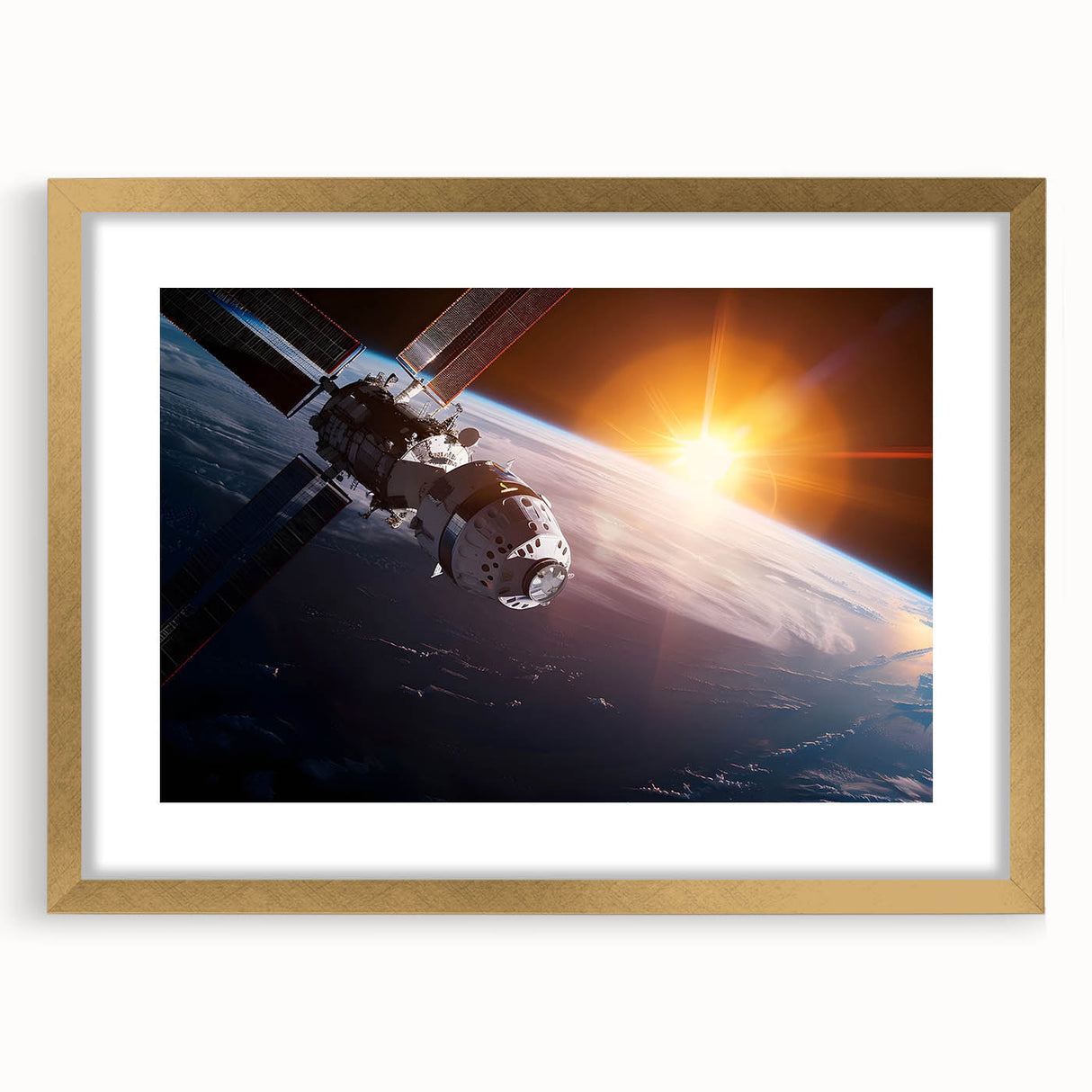 Satellite Over Earth with Sunrise - Stunning Cosmic Wall Art Decor