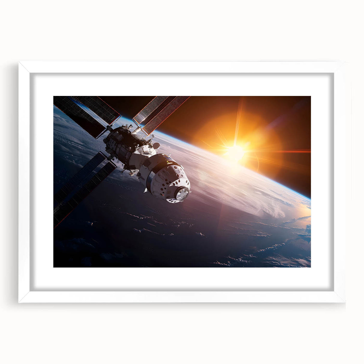 Satellite Over Earth with Sunrise - Stunning Cosmic Wall Art Decor