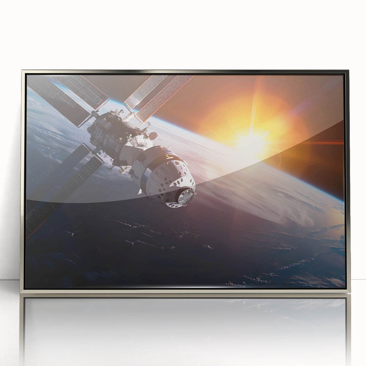 Satellite Over Earth with Sunrise - Stunning Cosmic Wall Art Decor