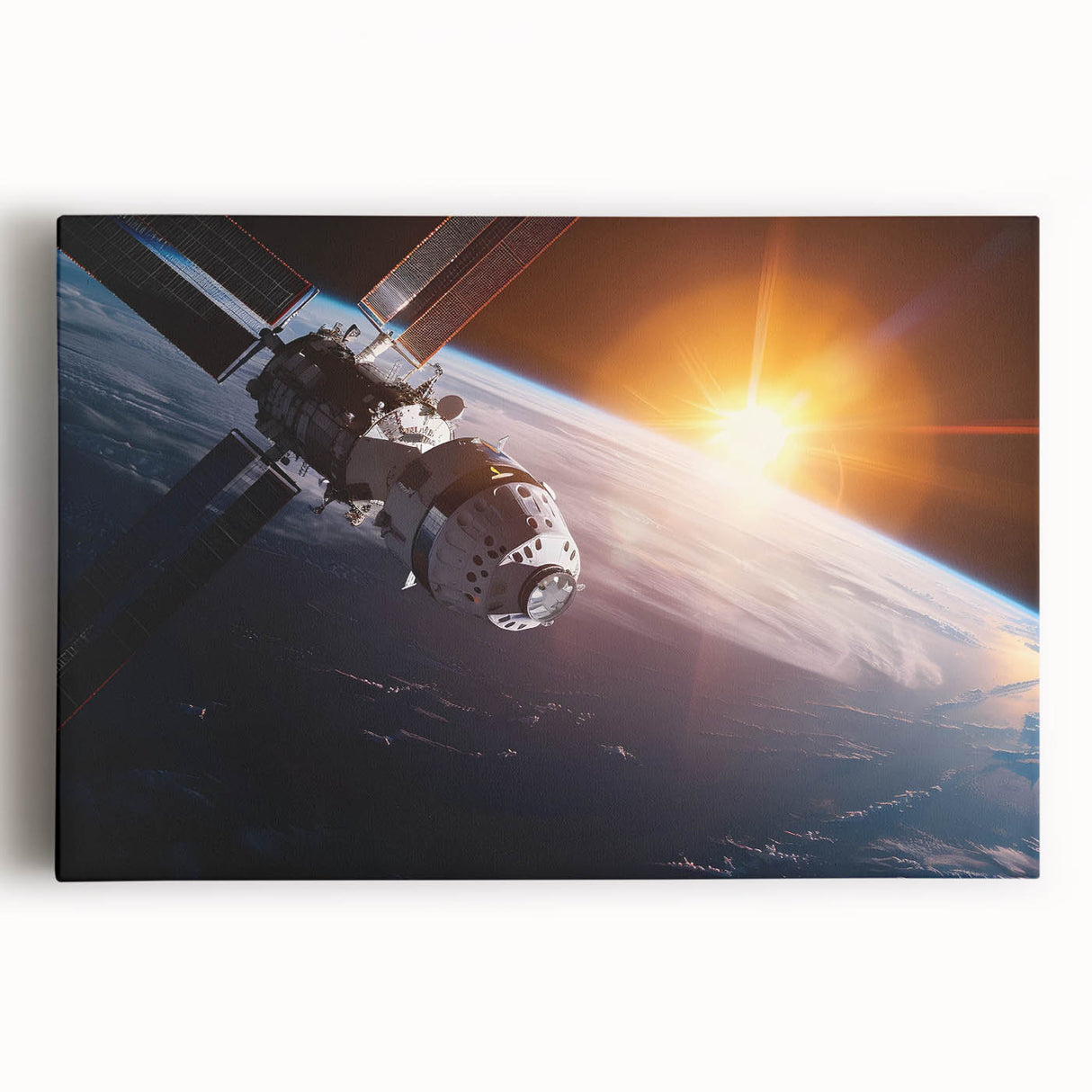 Satellite Over Earth with Sunrise - Stunning Cosmic Wall Art Decor