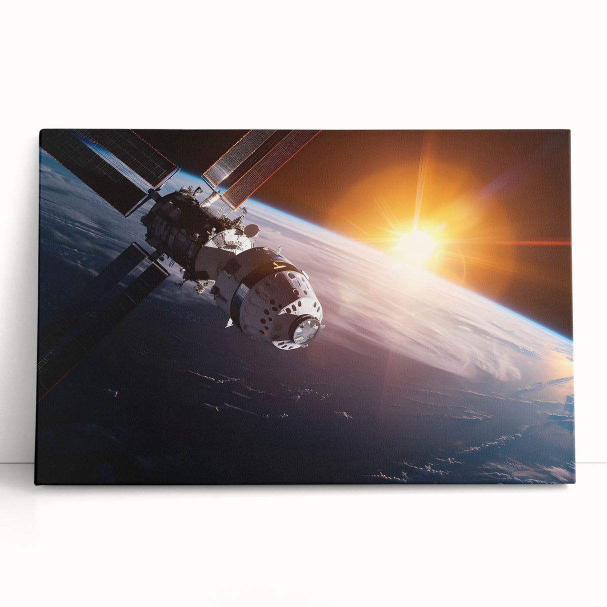 Satellite Over Earth with Sunrise - Stunning Cosmic Wall Art Decor