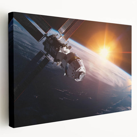Satellite Over Earth with Sunrise - Stunning Cosmic Wall Art Decor