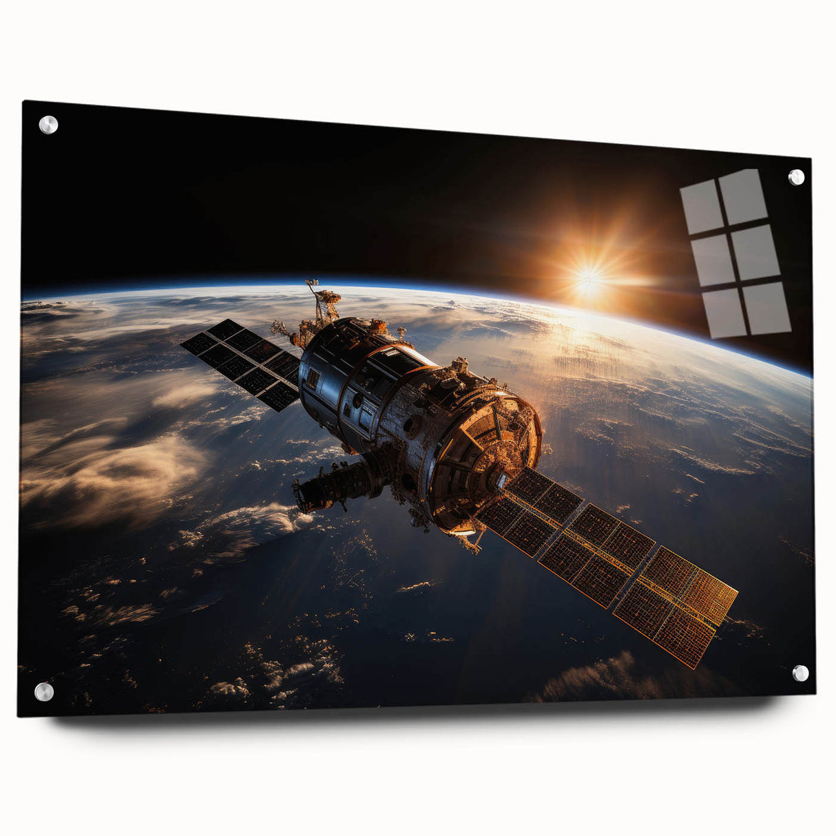 Satellite at Sunrise Over Earth - Stunning Cosmic Wall Decor Art