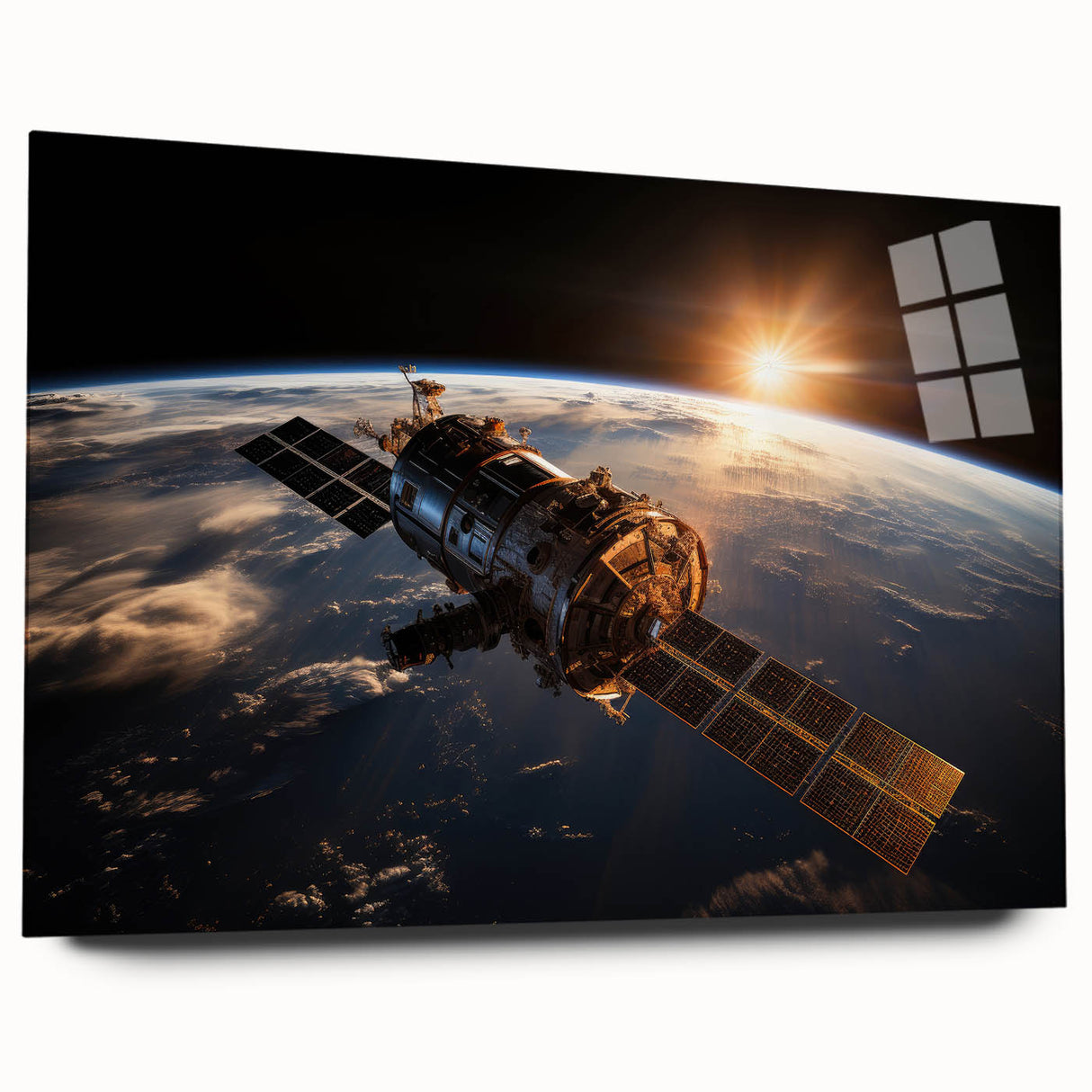 Satellite at Sunrise Over Earth - Stunning Cosmic Wall Decor Art