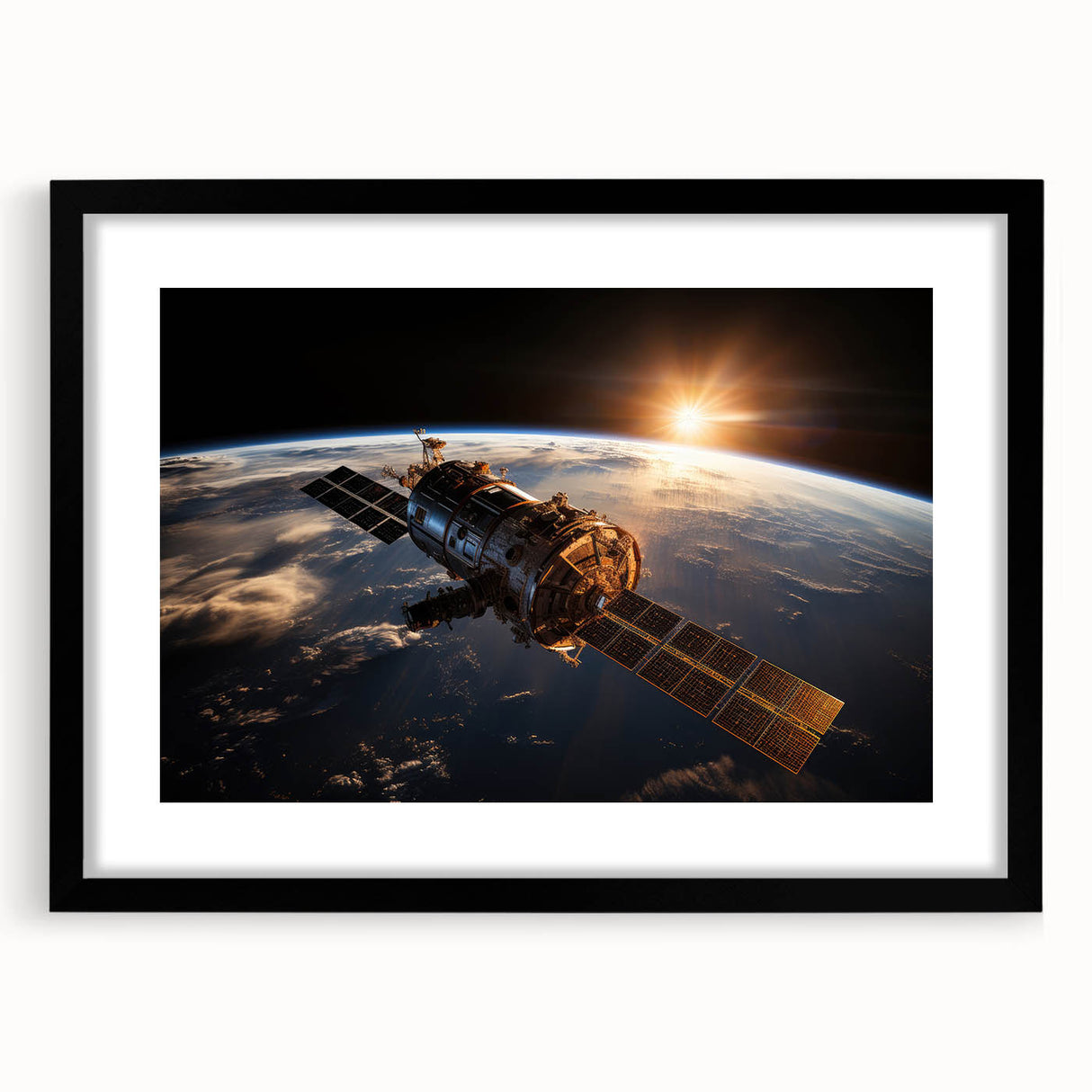 Satellite at Sunrise Over Earth - Stunning Cosmic Wall Decor Art