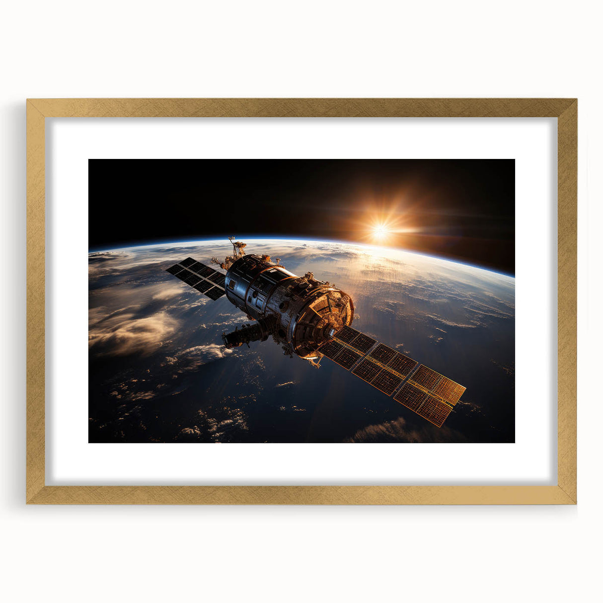 Satellite at Sunrise Over Earth - Stunning Cosmic Wall Decor Art