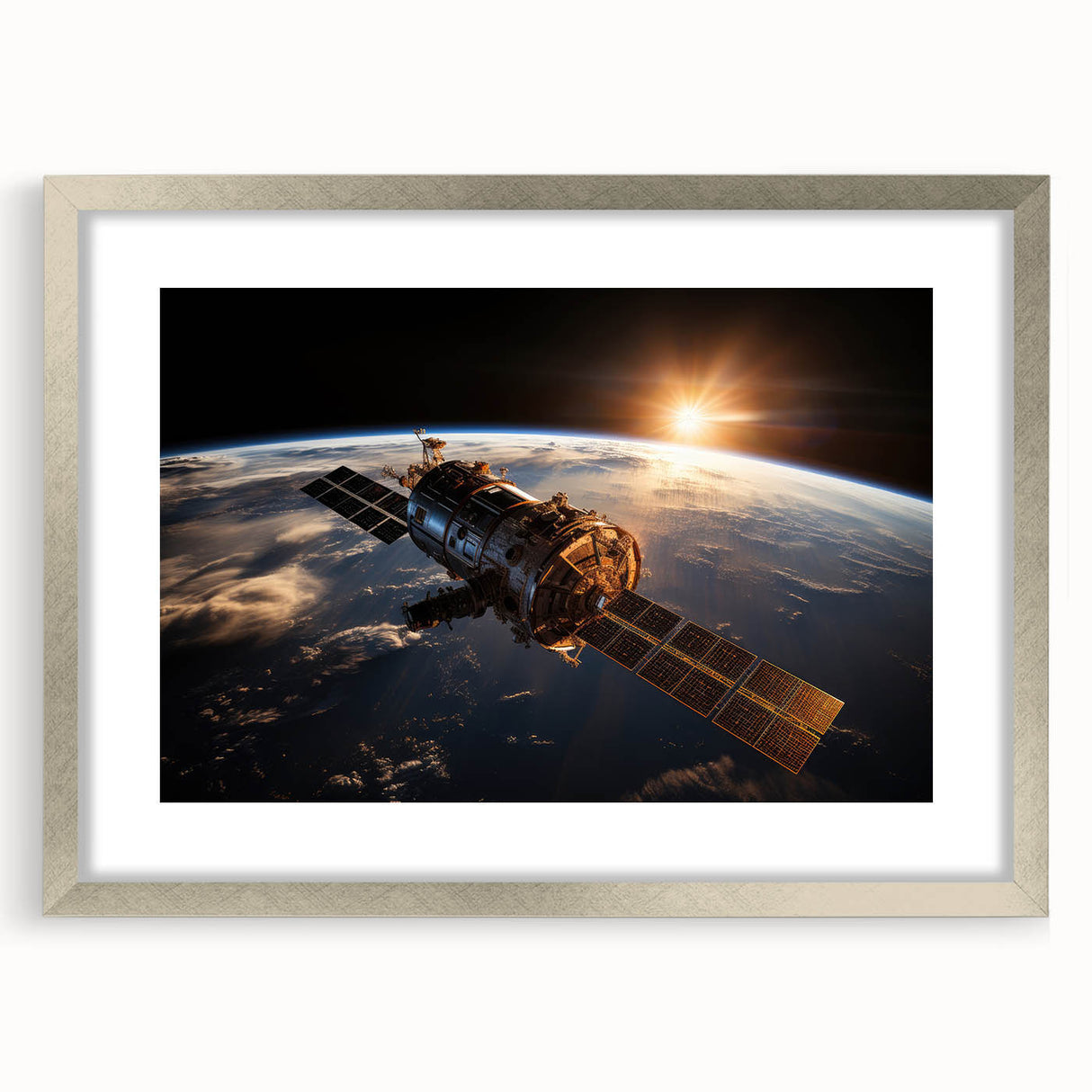 Satellite at Sunrise Over Earth - Stunning Cosmic Wall Decor Art