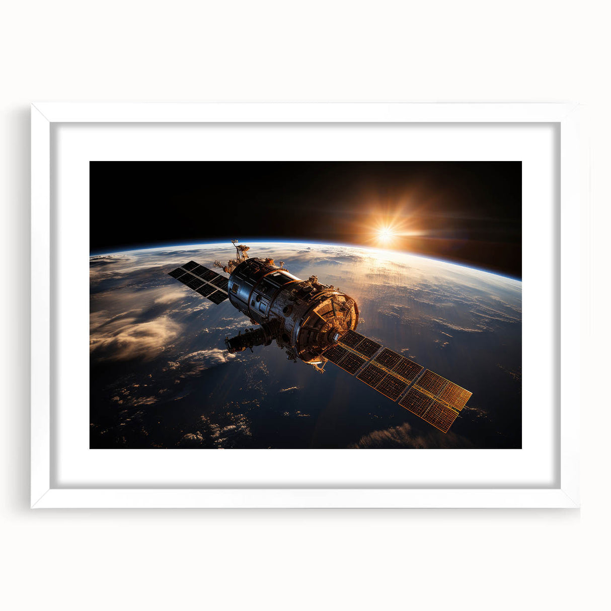 Satellite at Sunrise Over Earth - Stunning Cosmic Wall Decor Art