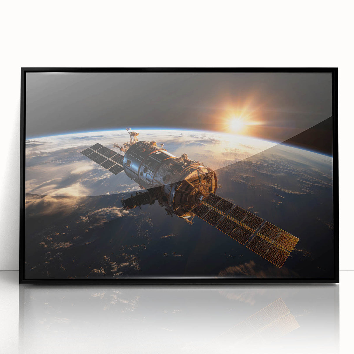 Satellite at Sunrise Over Earth - Stunning Cosmic Wall Decor Art