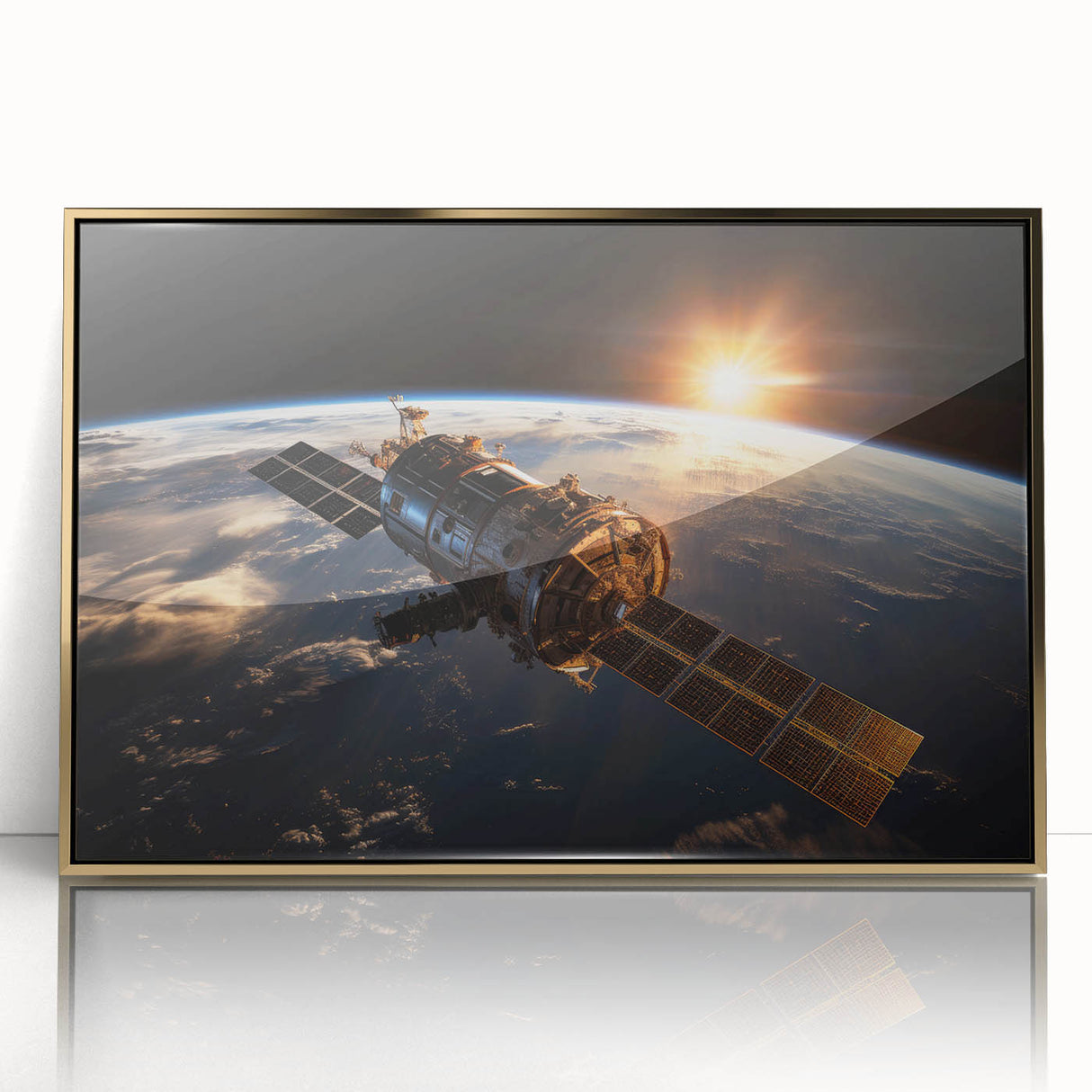 Satellite at Sunrise Over Earth - Stunning Cosmic Wall Decor Art