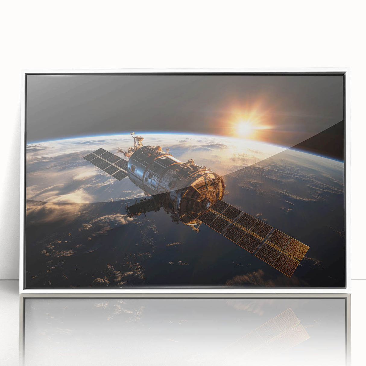Satellite at Sunrise Over Earth - Stunning Cosmic Wall Decor Art