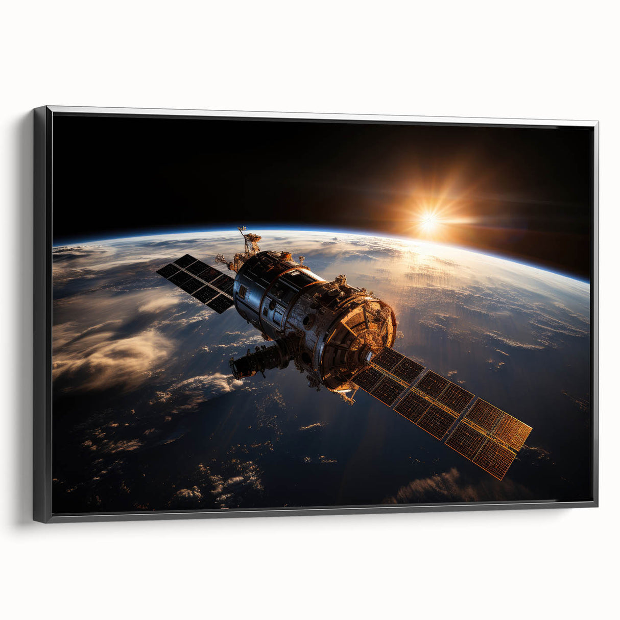 Satellite at Sunrise Over Earth - Stunning Cosmic Wall Decor Art