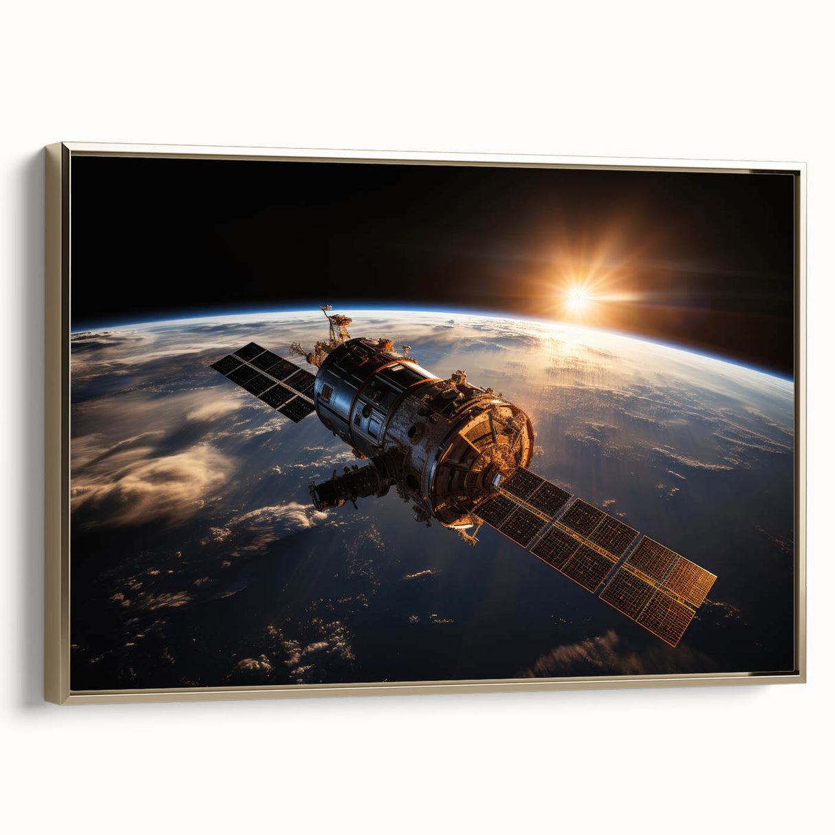 Satellite at Sunrise Over Earth - Stunning Cosmic Wall Decor Art