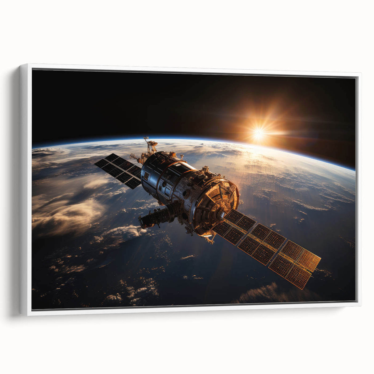 Satellite at Sunrise Over Earth - Stunning Cosmic Wall Decor Art