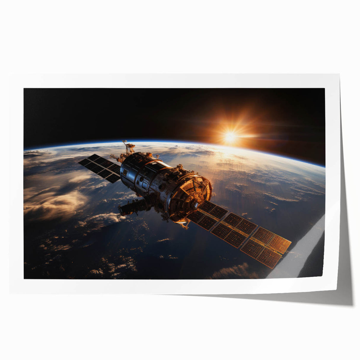 Satellite at Sunrise Over Earth - Stunning Cosmic Wall Decor Art