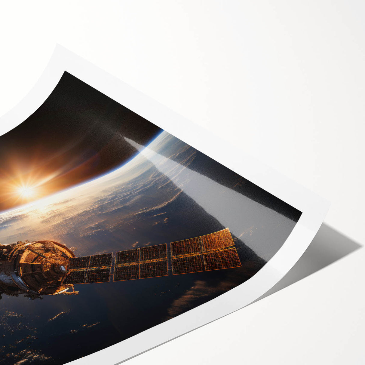Satellite at Sunrise Over Earth - Stunning Cosmic Wall Decor Art