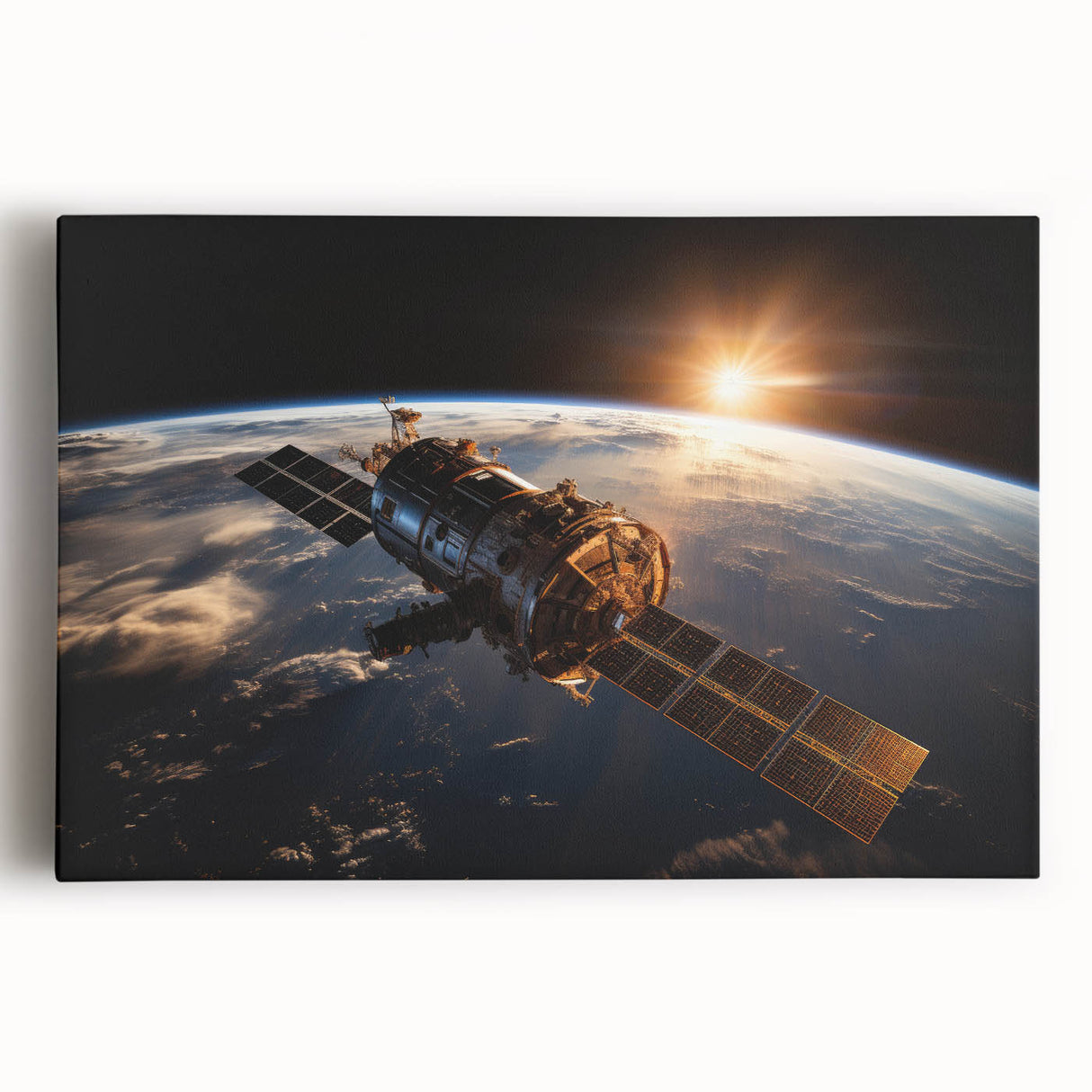 Satellite at Sunrise Over Earth - Stunning Cosmic Wall Decor Art