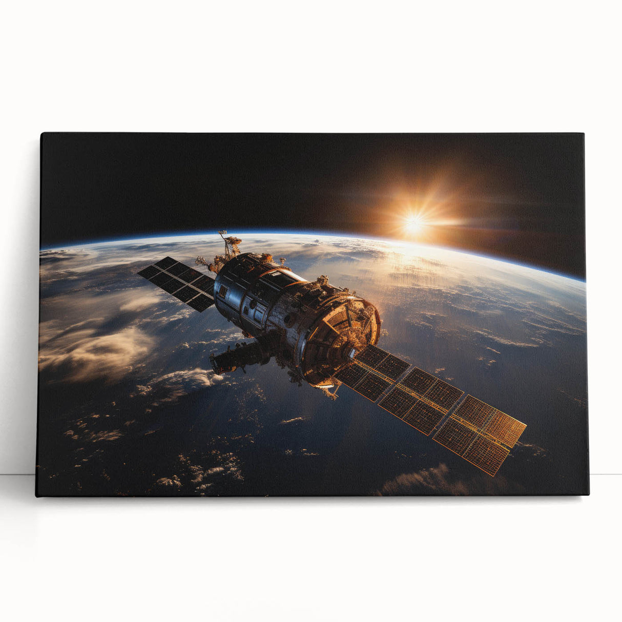 Satellite at Sunrise Over Earth - Stunning Cosmic Wall Decor Art