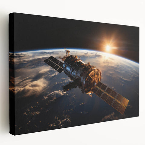 Satellite at Sunrise Over Earth - Stunning Cosmic Wall Decor Art