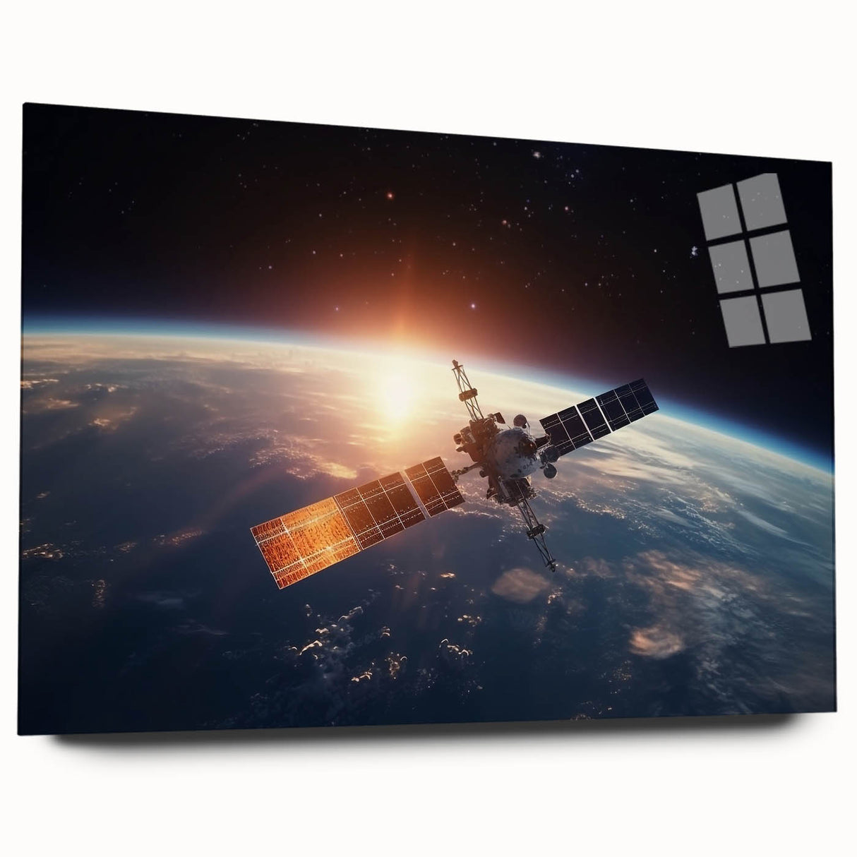 Satellite at Sunrise Over Earth - Stunning Cosmic Wall Decor Art