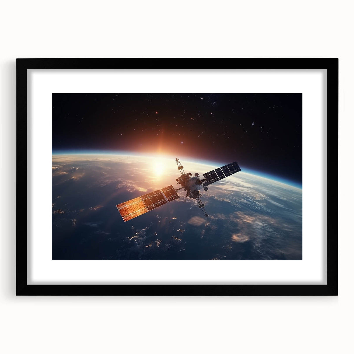 Satellite at Sunrise Over Earth - Stunning Cosmic Wall Decor Art
