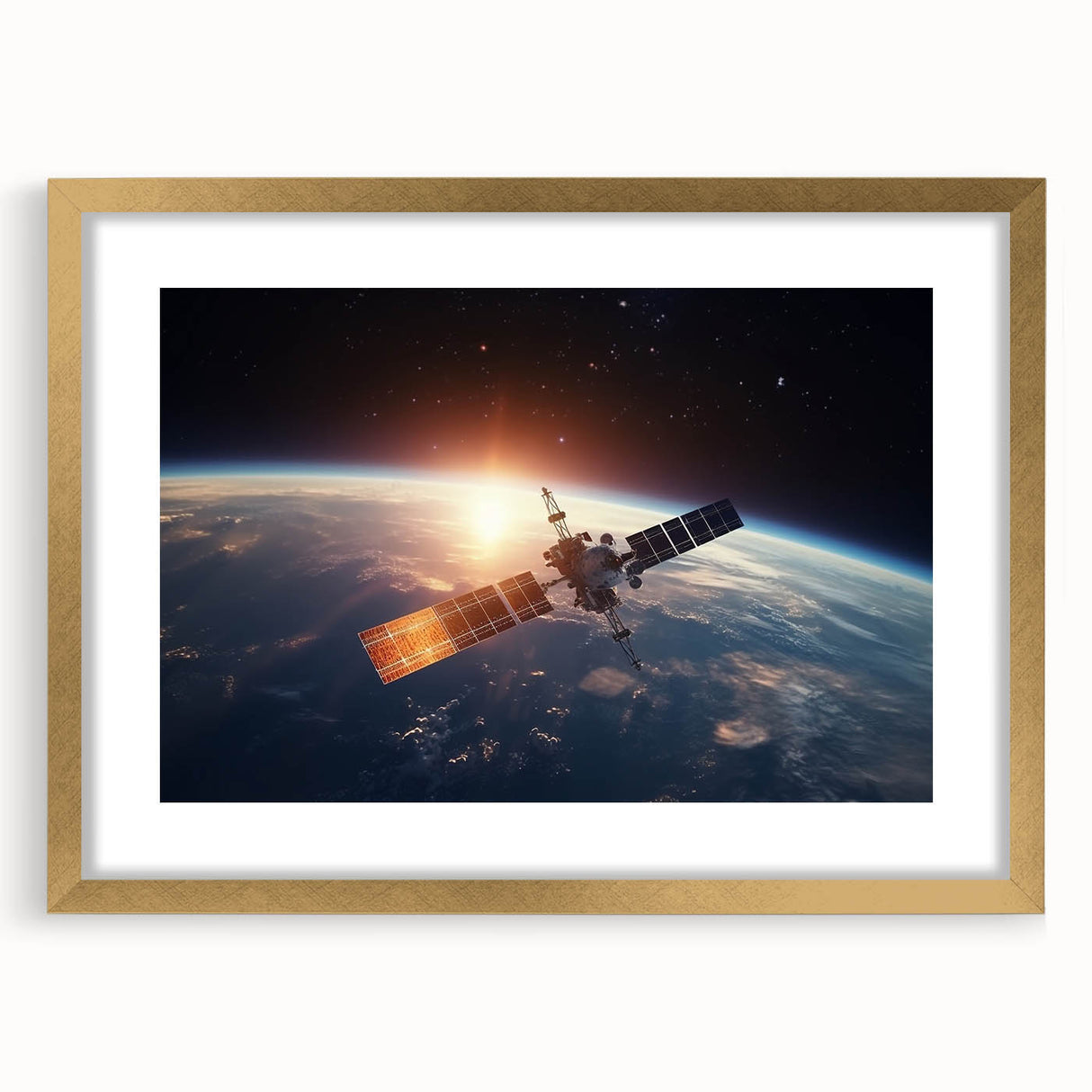 Satellite at Sunrise Over Earth - Stunning Cosmic Wall Decor Art